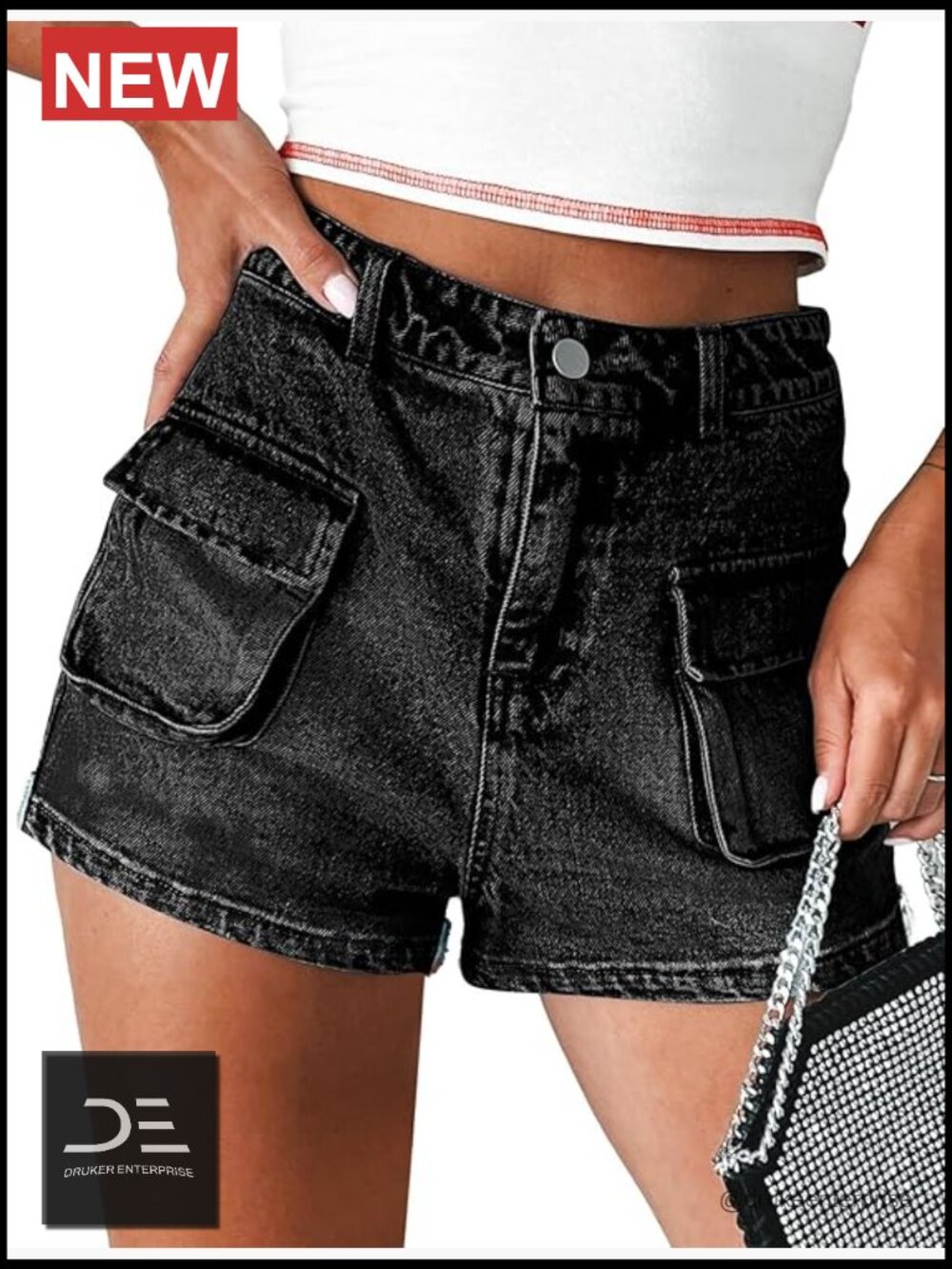 High Waisted Denim Shorts Casual Summer Hot Shorts Vintage Patch Pocket - Picture 1 of 7